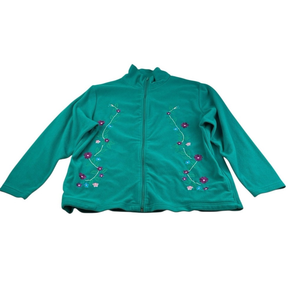 Sara Morgan Teal Embroidered Jacket Women's XL Floral Zip Up‎ Y2K Cozy Fleece